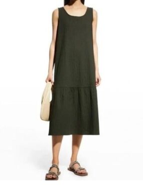 Eileen Fisher Organic Cotton Pucker Tiered Dress Seaweed Green Sleeveless NWT